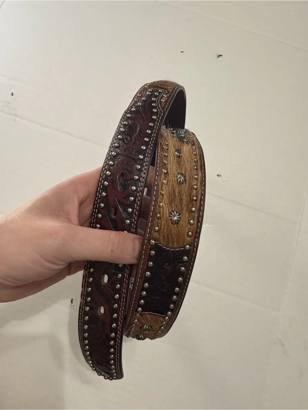 Roper Western Belt Hair-On Hide Studded Brown Leather Size 40